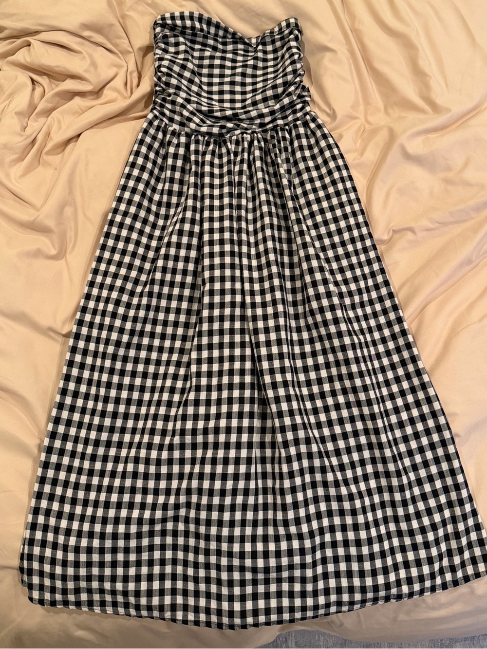 Strapless Black and White Gingham Midi Dress